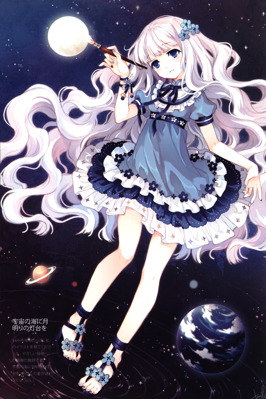 art_brush, blue_eyes, blush, dress, earth, face, flower, frills