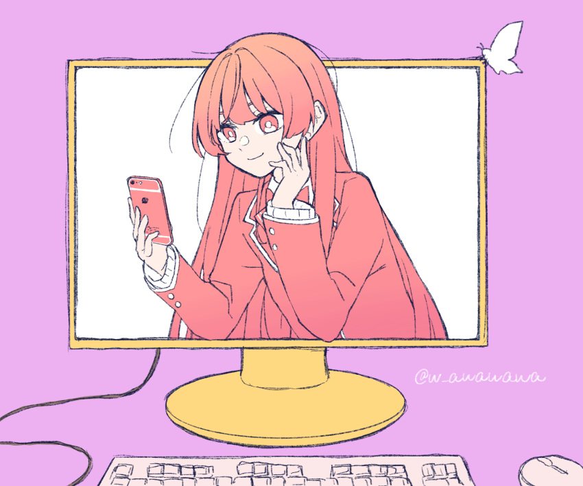 1000-nen_ikiteru_(vocaloid), 1girl, artist_name, blazer, cellphone, closed_mouth, commentary_request, computer
