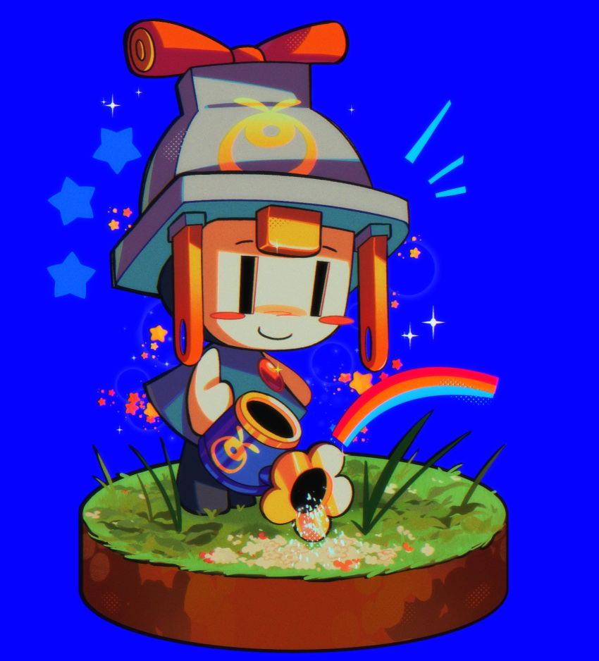 1girl, blue_background, blue_dress, blush_stickers, connie_(mario), dress, electric_plug, grass, hat, highres, holding, holding_watering_can, mario_&amp;_luigi:_brothership, mario_&amp;_luigi_rpg, petzcatz2, rainbow, saturated, smile, solo, super_mario_bros., watering_can, white_hat