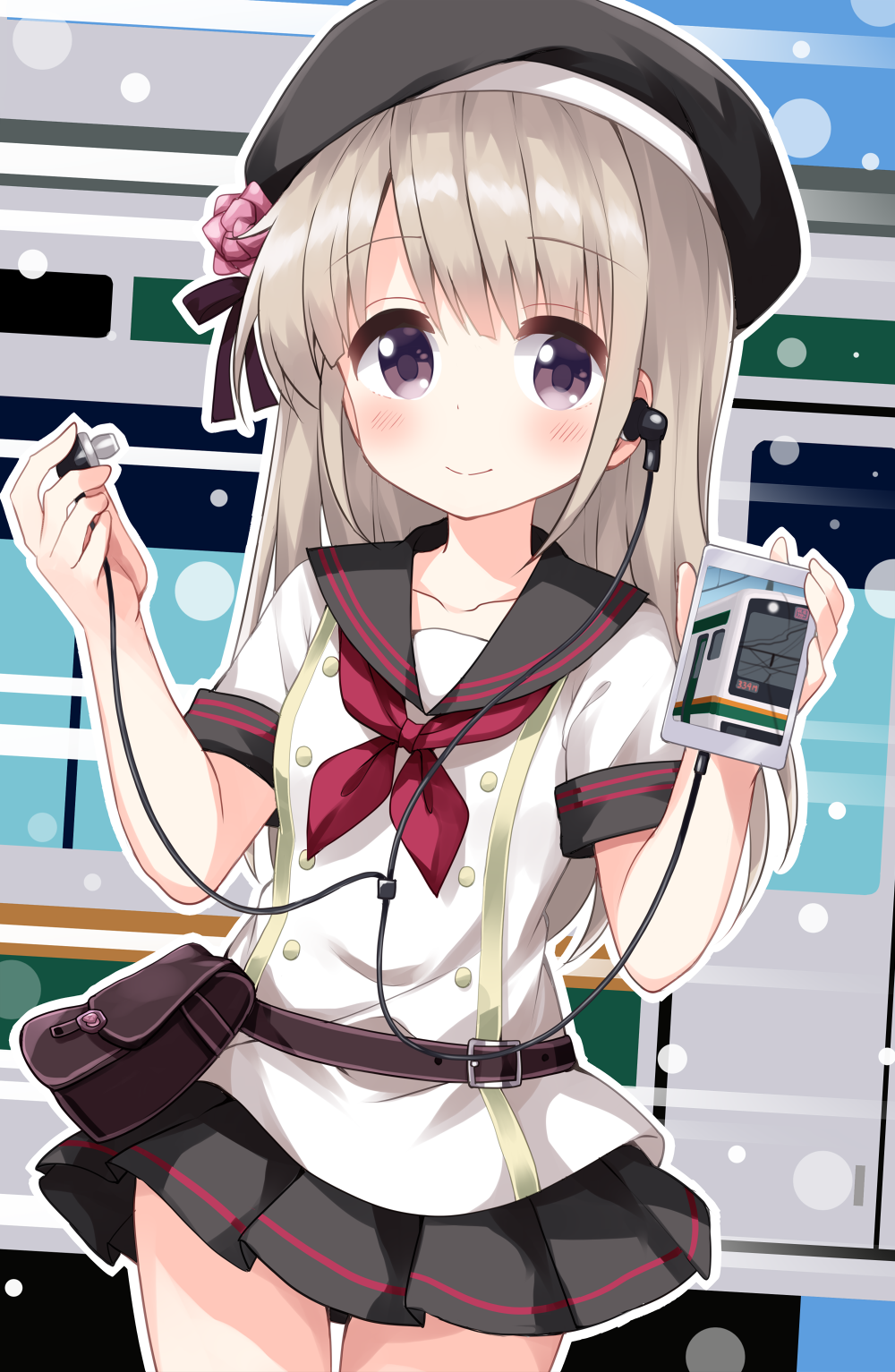1girl, black_hat, black_sailor_collar, black_skirt, blush, brown_bag, closed_mouth, collarbone, commentary_request, cowboy_shot, earphones, flower, grey_hair, hair_flower, hair_ornament, hair_ribbon, hat, hatsukoi_rail_trip, highres, holding, holding_phone, long_hair, looking_at_viewer, neckerchief, okawa_kohaku, outline, phone, pleated_skirt, purple_ribbon, red_neckerchief, ribbon, ruu_(tksymkw), sailor_collar, school_uniform, serafuku, shirt, short_sleeves, skirt, smile, solo, violet_eyes, white_outline, white_shirt