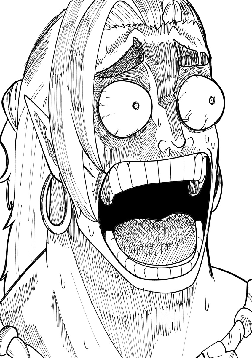 1boy, absurdres, antenna_hair, earrings, enel, enel_face_(meme), highres, hoop_earrings, jewelry, mannyestella, marvel, marvel_rivals, medium_hair, meme, monochrome, namor, one_piece, open_mouth, simple_background, teeth, thick_eyebrows, white_background