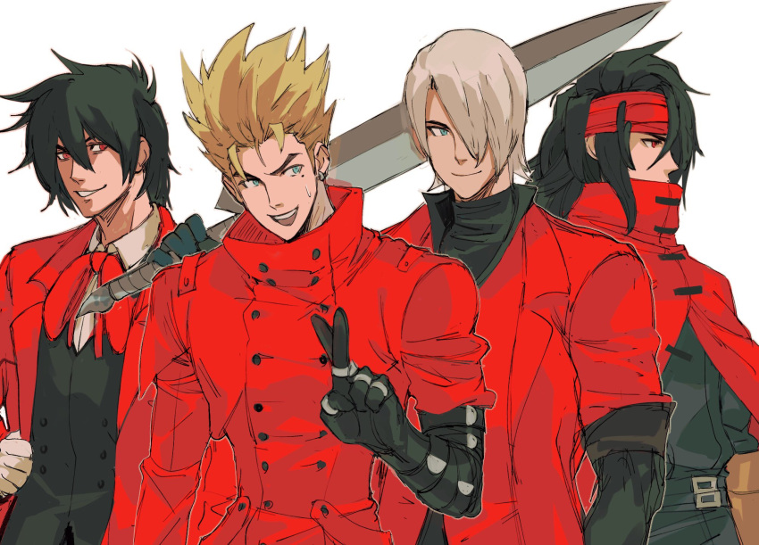 4boys, alucard_(hellsing), black_hair, black_shirt, black_vest, blonde_hair, blue_eyes, bow