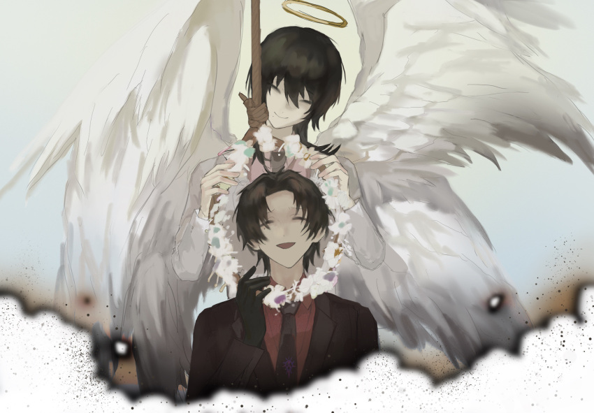 2boys, 5159453456, angel, angel_wings, black_gloves, black_hair, black_jacket, black_necktie, closed_mouth, collared_shirt, curtained_hair, feathered_wings, gloves, hair_between_eyes, halo, highres, jacket, long_sleeves, male_focus, medium_hair, mo_chengwei, mole, mole_under_eye, mole_under_mouth, multiple_boys, multiple_wings, necktie, open_clothes, open_jacket, parted_bangs, pink_shirt, red_shirt, shirt, short_hair, simple_background, smile, touqi_guaitan, white_jacket, white_wings, wings, zhu_yaoxing