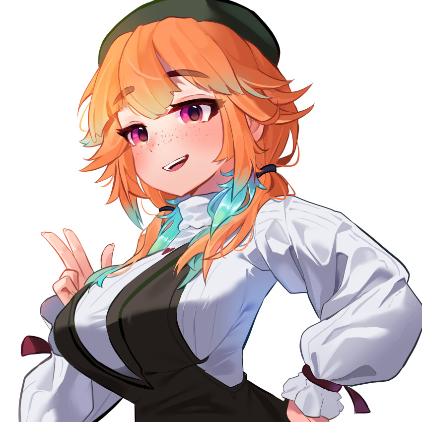 1girl, absurdres, breasts, clulless, freckles, hat, highres, hololive, hololive_english, large_breasts, long_sleeves, looking_at_viewer, open_mouth, orange_hair, simple_background, solo, takanashi_kiara, takanashi_kiara_(winter_casual), teeth, tongue, twintails, upper_body, v, violet_eyes, white_background