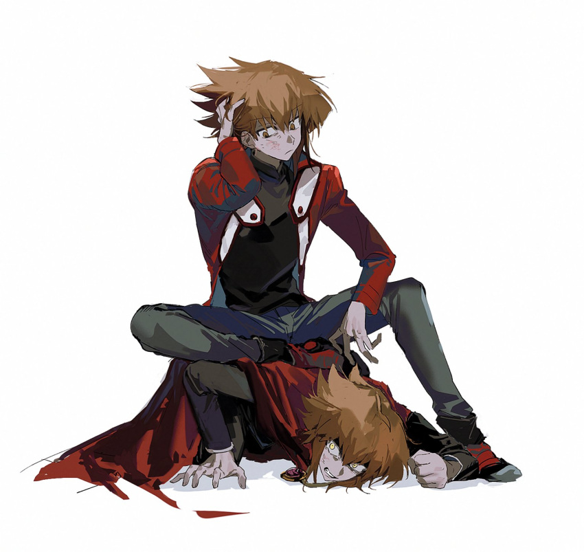 2boys, adjusting_hair, after_battle, angry, black_footwear, black_shirt, brown_eyes, brown_hair