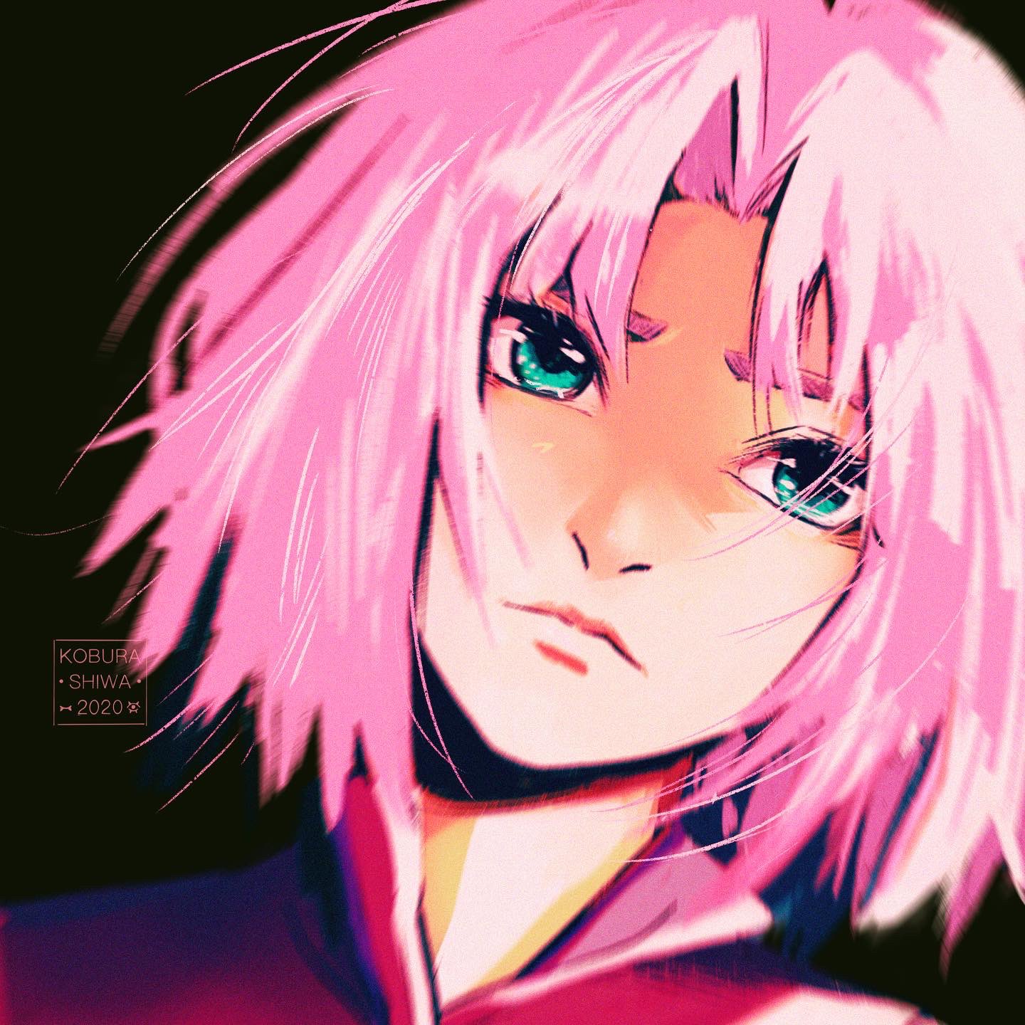 1girl, 2020, artist_name, black_background, closed_mouth, commentary, english_commentary, green_eyes, haruno_sakura, highres, koburashiwa, looking_afar, naruto_(series), parted_bangs, pink_hair, short_hair, simple_background, solo, straight-on