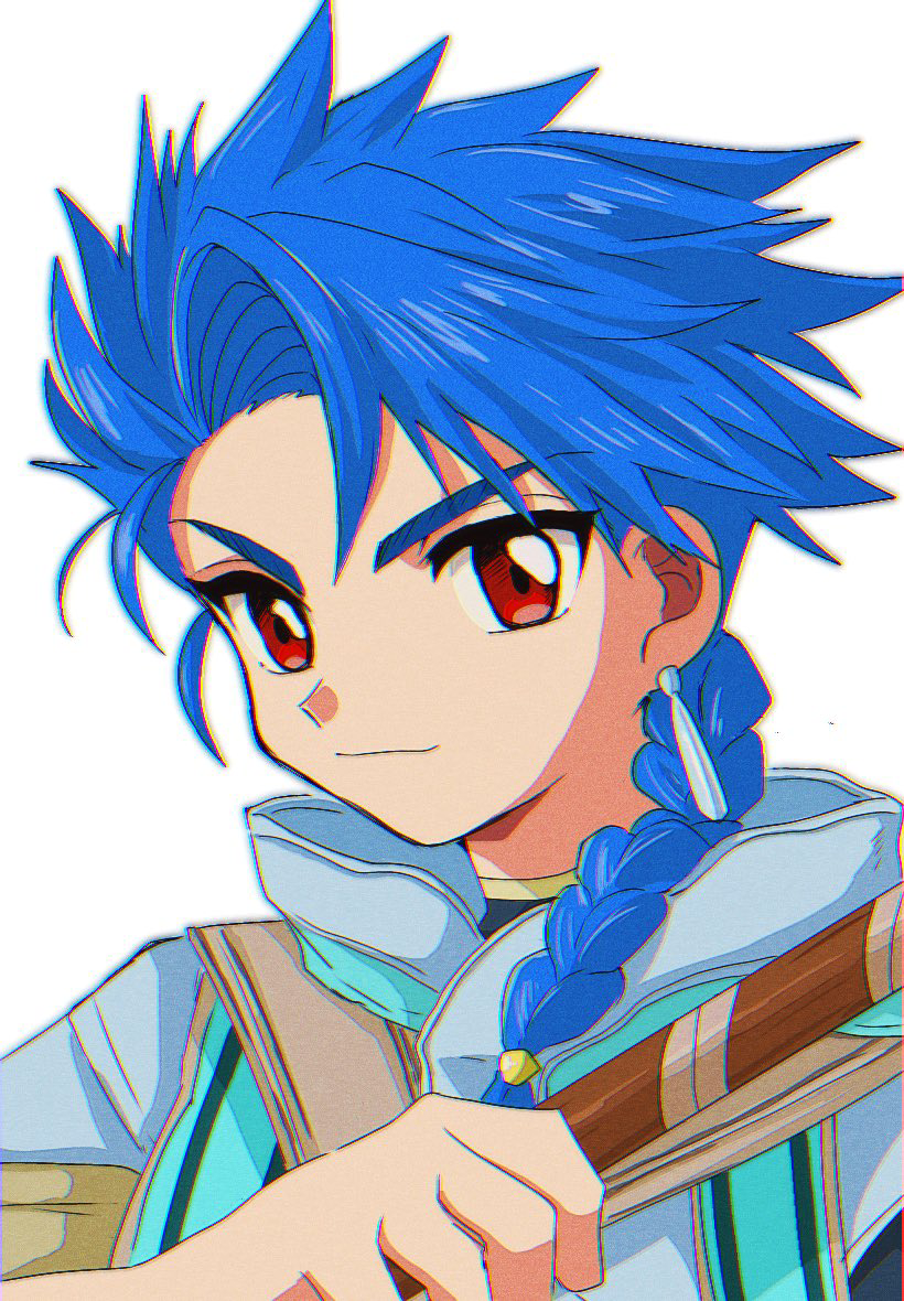 1boy, blue_hair, braid, braided_ponytail, chromatic_aberration, commentary_request, cu_chulainn_(fate), earrings