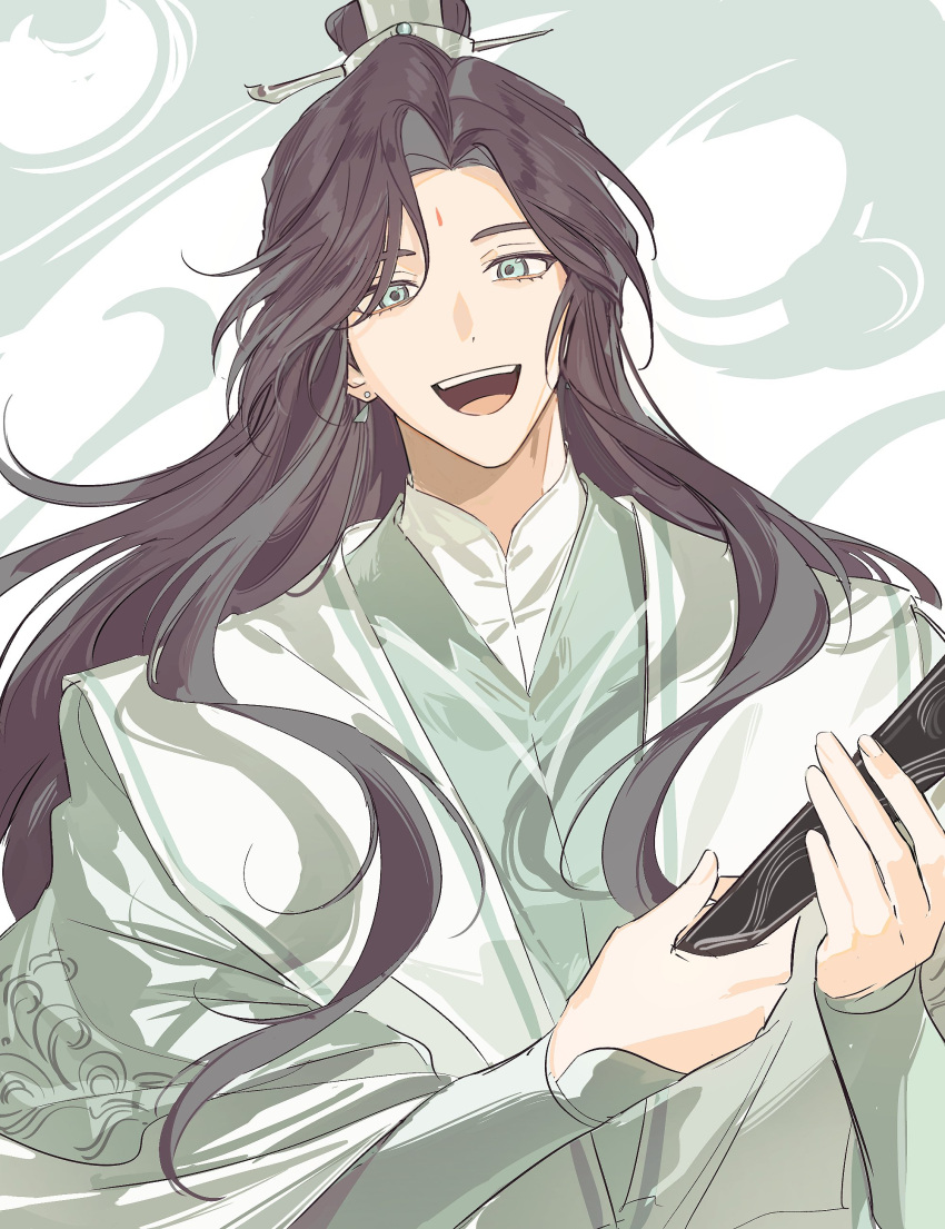 1boy, absurdres, bindi, brown_hair, chinese_clothes, ddinut, earrings, folded_fan