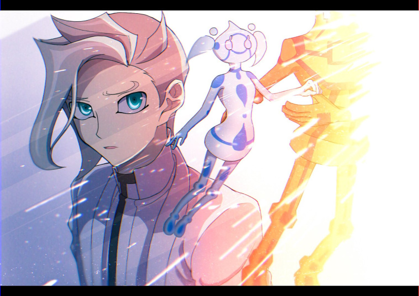 1boy, 2others, aqua_(yu-gi-oh!_vrains), arms_at_sides, atltax_00, black_border, blonde_hair, blue_eyes