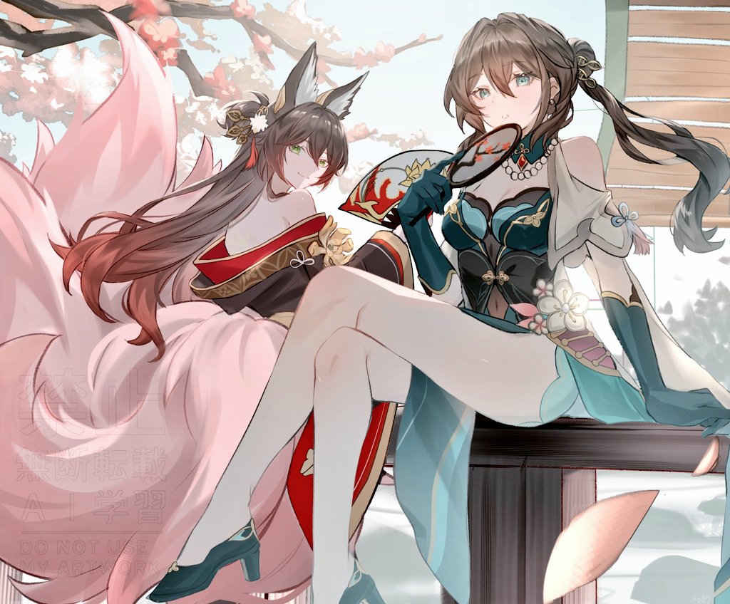2girls, animal_ears, black_dress, branch, brown_hair, clothing_cutout, commentary_request, dress