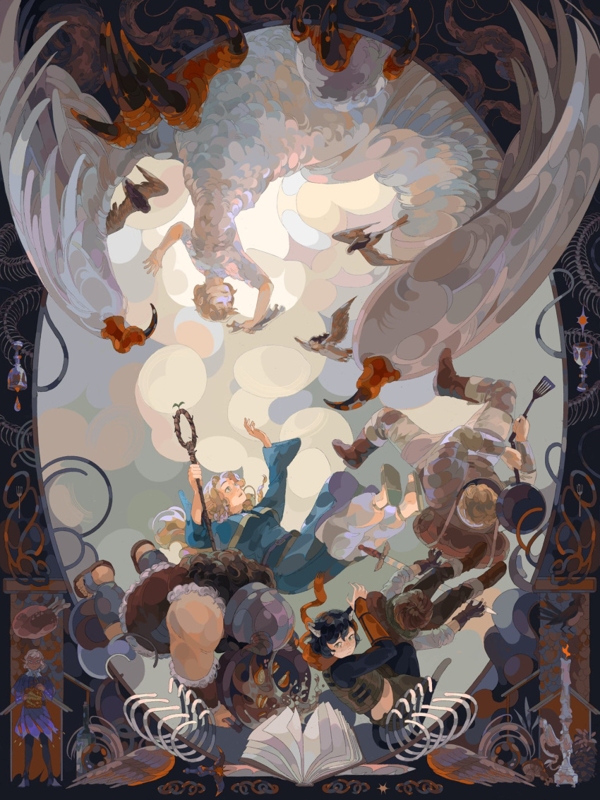 3boys, 3girls, abstract_background, ambrosia_(dungeon_meshi), armor, backpack, bag, bedroll