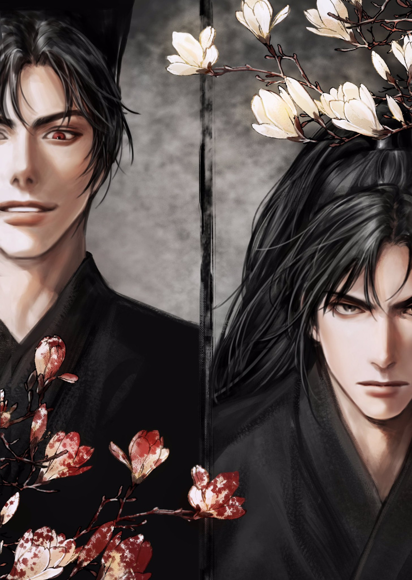 2boys, black_eyes, black_hair, black_hanfu, blood, blood_on_flower, chinese_clothes, closed_mouth
