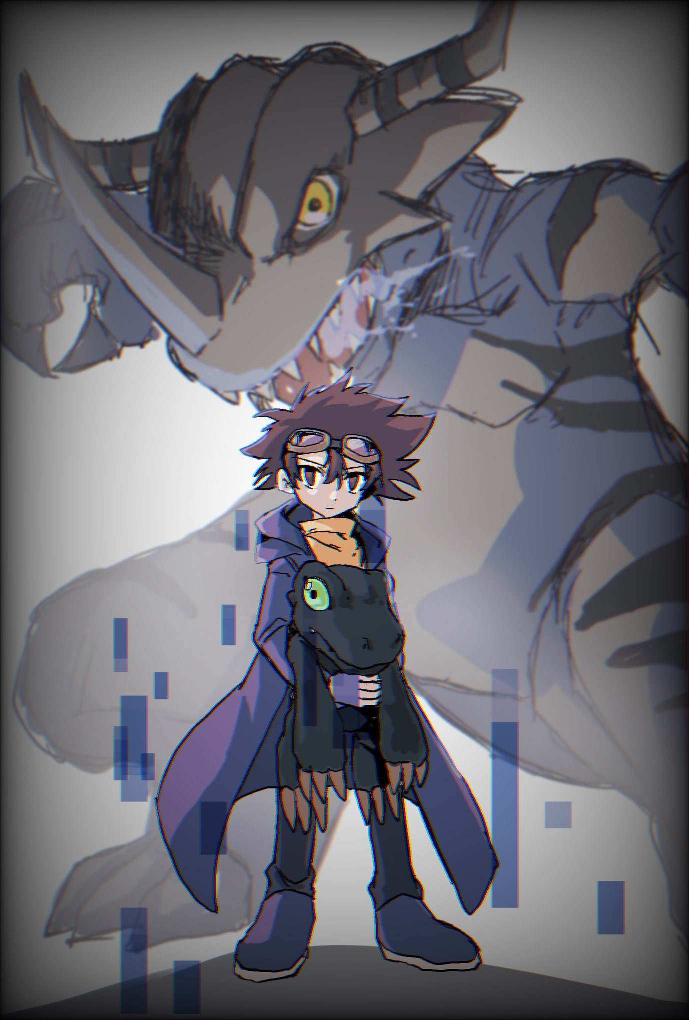 1boy, agumon_(black), blue_coat, brown_eyes, brown_hair, coat, digimon, digimon_(creature), digimon_adventure, evolutionary_line, full_body, goggles, goggles_on_head, greymon_(blue), highres, holding, hood, hooded_coat, medium_hair, megane_nadore, yagami_taichi