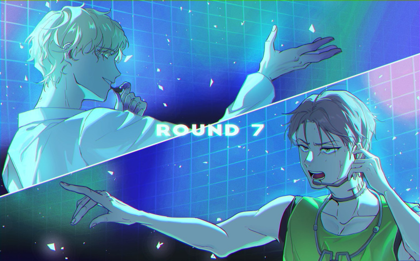 2boys, alien_stage, choker, colored_extremities, colored_eyelashes, commentary_request, green_eyes, green_tank_top
