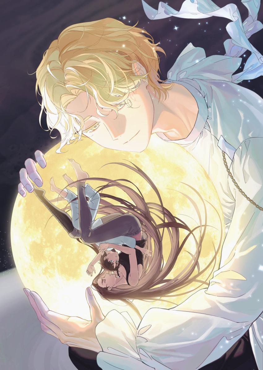 1girl, 2boys, alien_stage, barefoot, black_pants, black_tank_top, blonde_hair, brown_hair