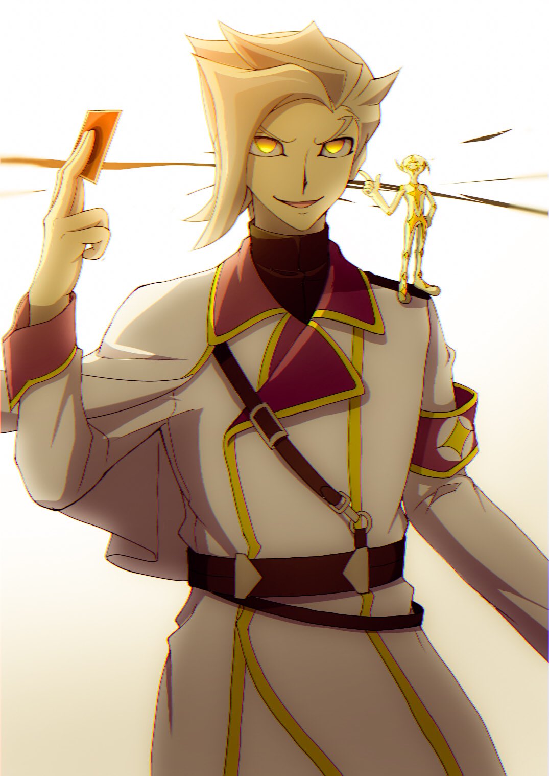 1boy, alternate_form, alternate_universe, arm_up, atltax_00, belt, black_shirt, blonde_hair