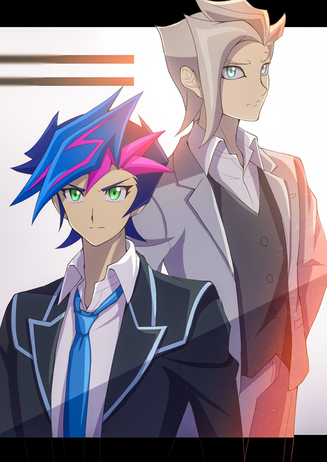 2boys, atltax_00, black_border, black_jacket, blonde_hair, blue_eyes, blue_hair, blue_necktie