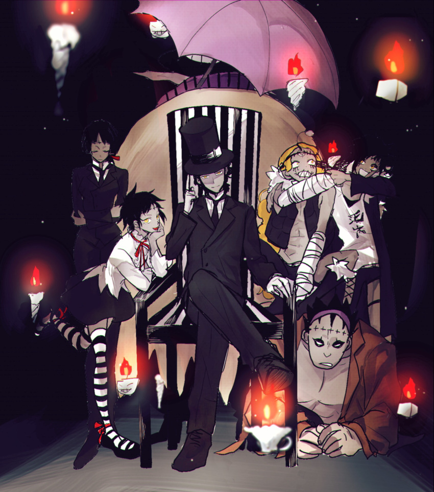 2girls, 4boys, bandaged_arm, bandages, black_background, black_coat, black_footwear, black_hair