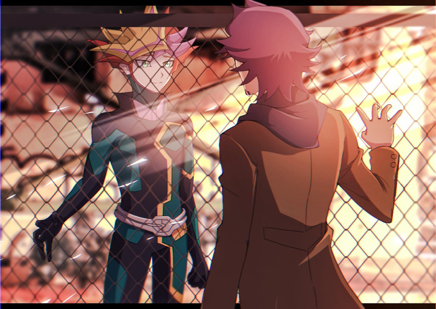 2boys, alternate_form, atltax_00, belt, black_bodysuit, black_gloves, bodysuit, brown_jacket