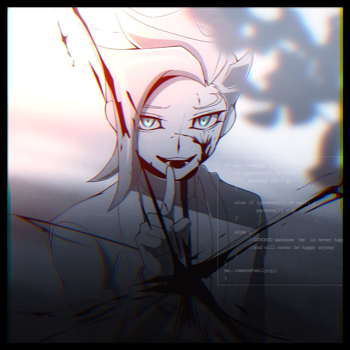 1boy, atltax_00, black_border, blonde_hair, blood, blood_on_face, blood_splatter, blood_spray