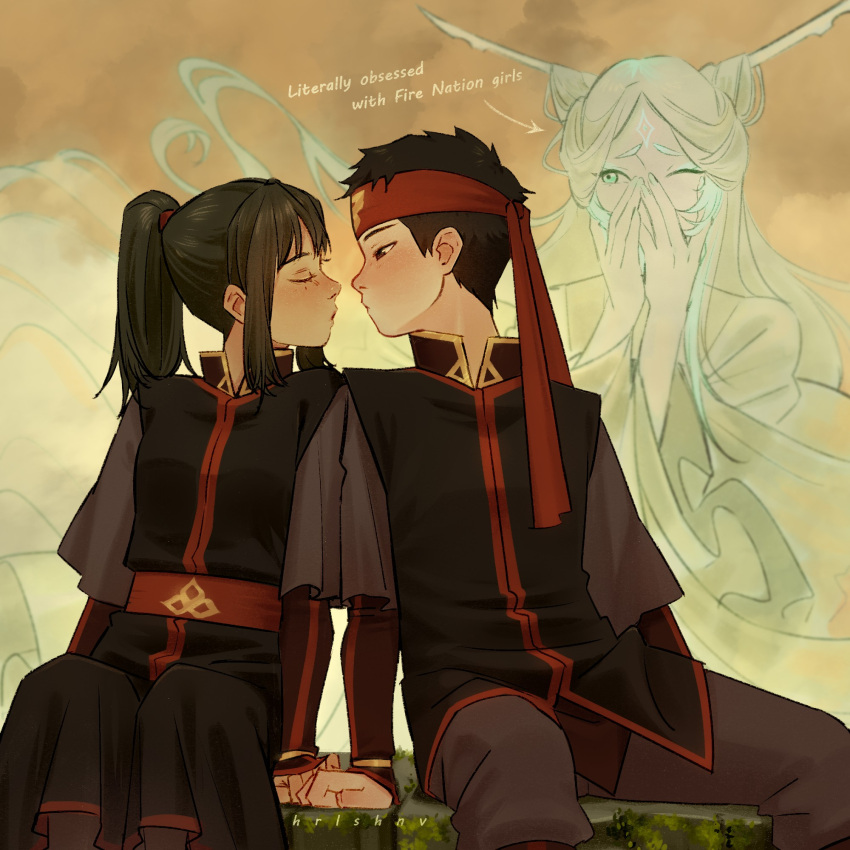 1boy, 2girls, aang, arrow_(symbol), avatar:_the_last_airbender, avatar_legends, blue_eyes, blush
