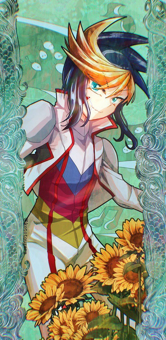 1boy, blonde_hair, blue_eyes, blue_hair, bodysuit, cropped_jacket, flower, green_background
