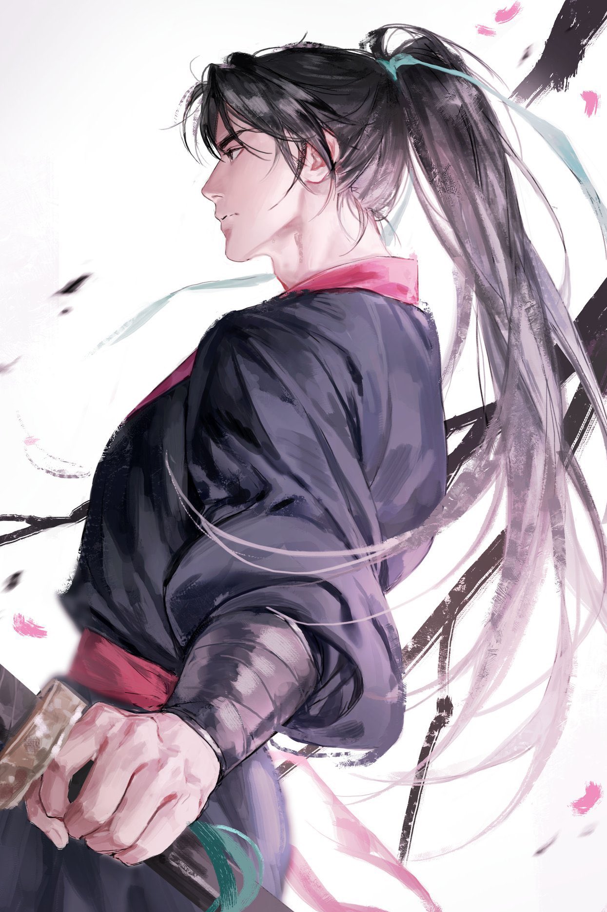 1boy, adam's_apple, black_eyes, black_hair, black_hanfu, chinese_clothes, chungmyung, closed_mouth