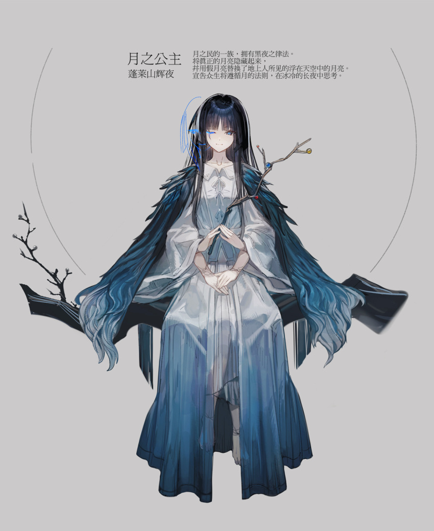 1girl, barefoot, blue_eyes, blunt_bangs, blunt_sidelocks, branch, collared_shirt, commentary