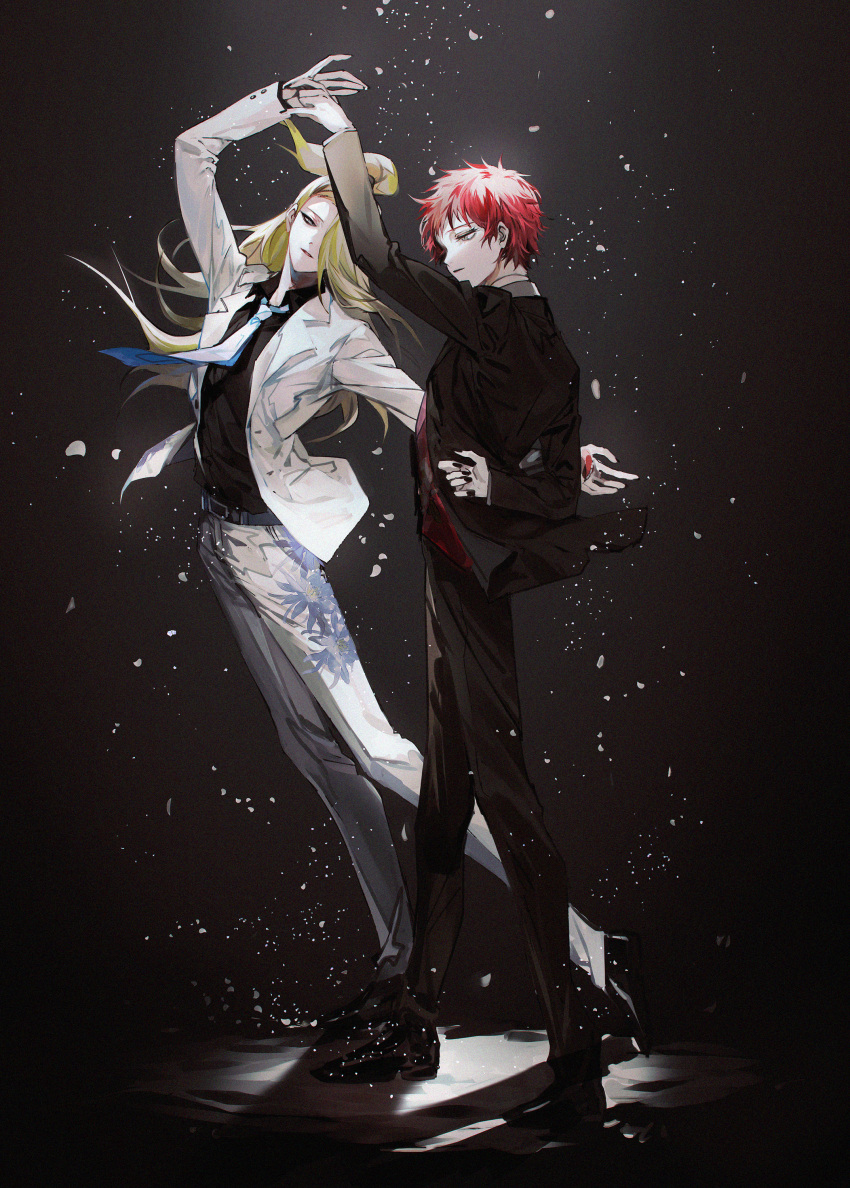 2boys, absurdres, belt, blue_eyes, blue_necktie, commission, commissioner_upload, coxxco12, dancing, deidara_(naruto), eyeliner, floral_print, formal_clothes, grey_eyes, hair_over_one_eye, high_ponytail, highres, holding_hands, implied_yaoi, light_particles, looking_at_viewer, makeup, male_focus, multiple_boys, naruto_(series), naruto_shippuuden, necktie, non-web_source, pants, parted_lips, red_hair, sasori_(naruto), short_hair, skeb_commission, smile, spinning, suit, teeth, vest