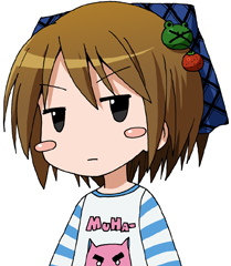 1girl, :|, bad_source, black_eyes, blue_headscarf, blush_stickers, brown_hair, closed_mouth