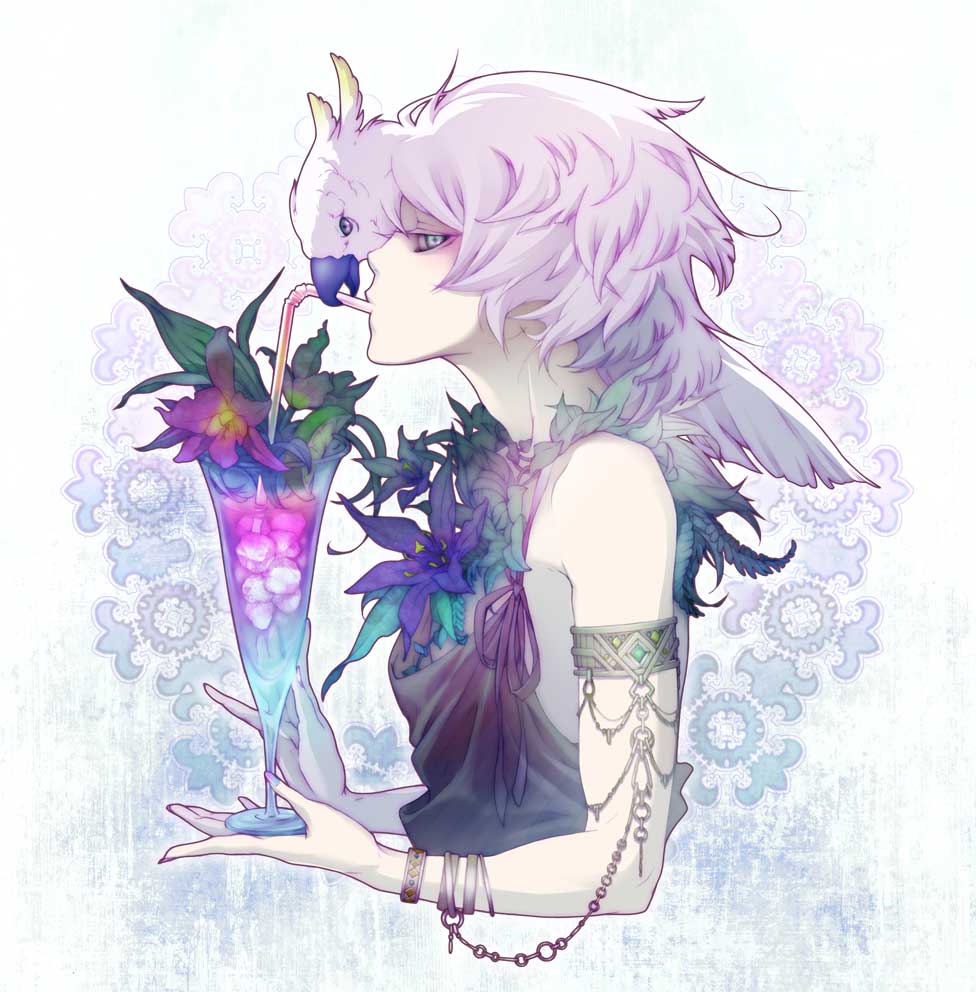 bird, bracelet, bust, cockatoo, cocktail, drinking, flower, hekoheko