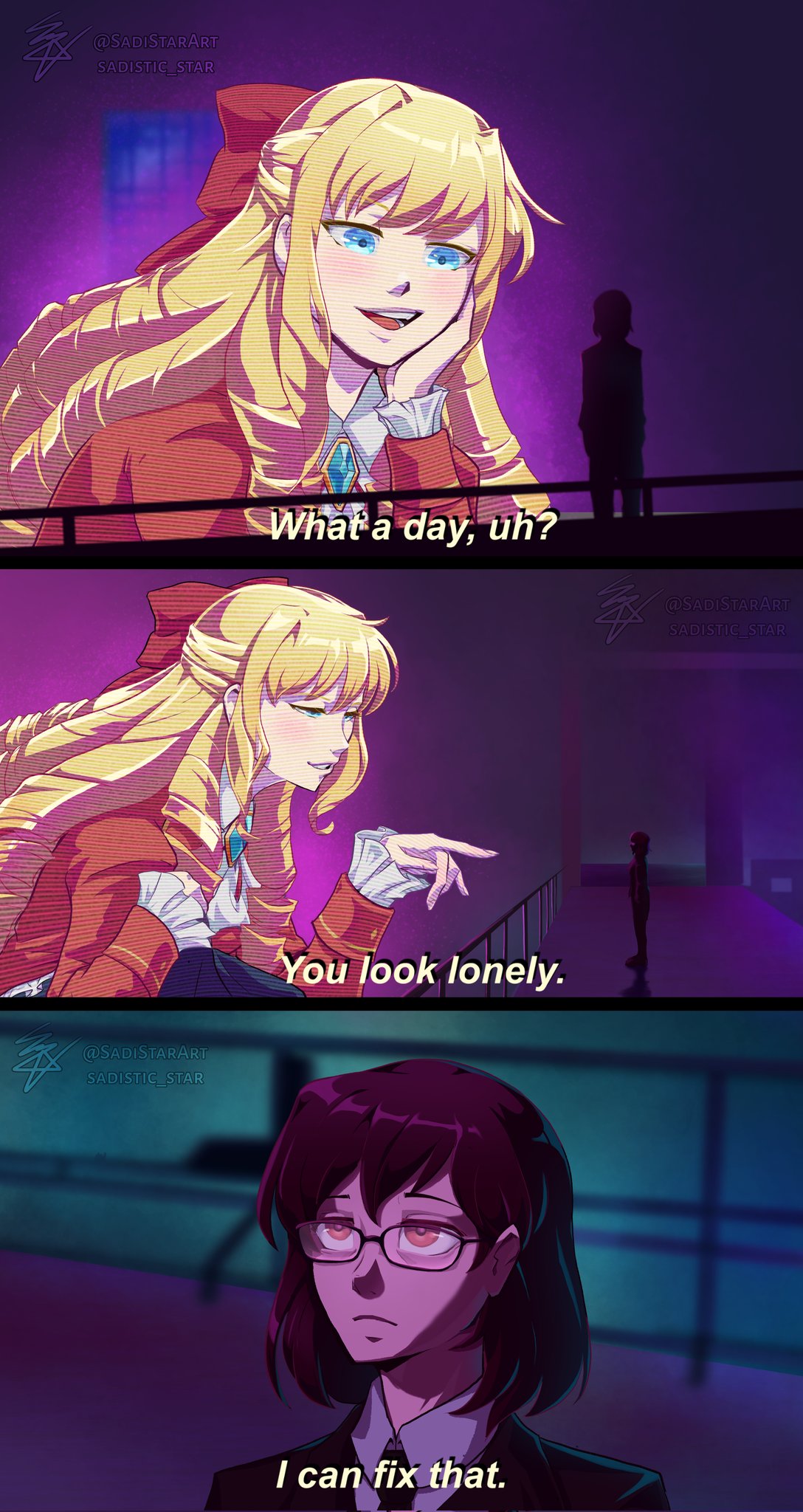 2girls, ascot, black_jacket, black_necktie, blade_runner_2049, blonde_hair, blue_eyes, bow