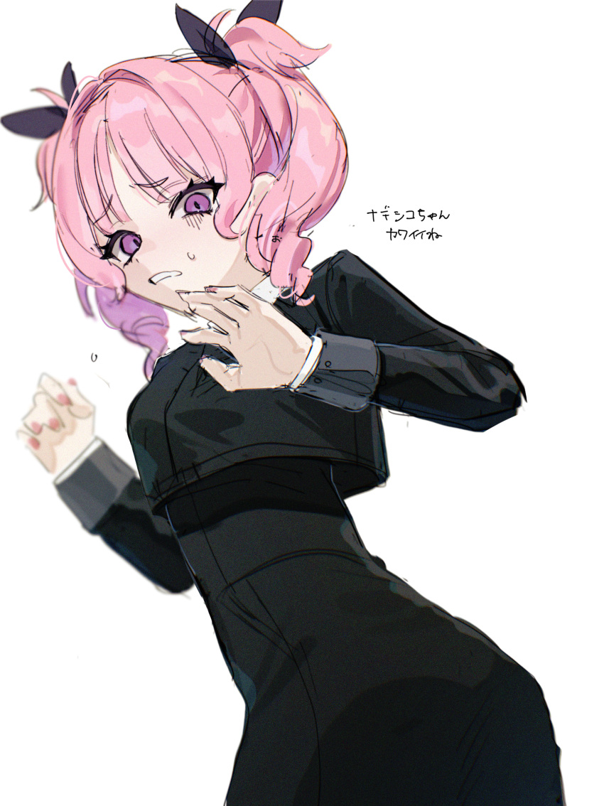 1girl, absurdres, aoi_nadeshiko, black_jacket, black_skirt, commentary_request, cropped_jacket, fingernails