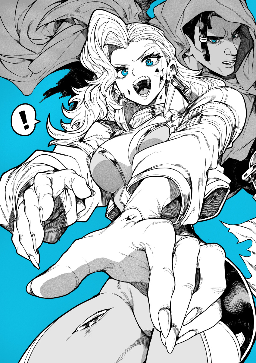!, 1boy, 1girl, absurdres, blue_background, blue_eyes, cloak, cloak_(marvel), coat, dagger_(marvel), fingernails, highres, jacket, long_hair, marvel, marvel_rivals, yotsumi_shiro