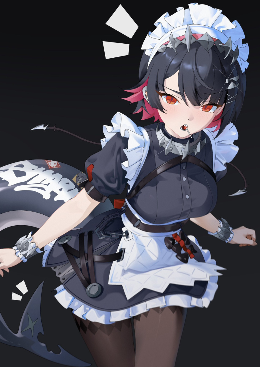 1girl, apron, black_dress, black_hair, black_pantyhose, blush, breasts, candy, colored_inner_hair, cowboy_shot, crossed_bangs, dress, ellen_joe, fins, fish_tail, food, frilled_wrist_cuffs, frills, hair_ornament, hairclip, hectorrambito, highres, lollipop, maid, maid_apron, maid_headdress, medium_breasts, multicolored_hair, notice_lines, pantyhose, puffy_short_sleeves, puffy_sleeves, red_eyes, red_hair, shark_tail, short_hair, short_sleeves, sidelocks, solo, tail, tiara, white_apron, wrist_cuffs, zenless_zone_zero