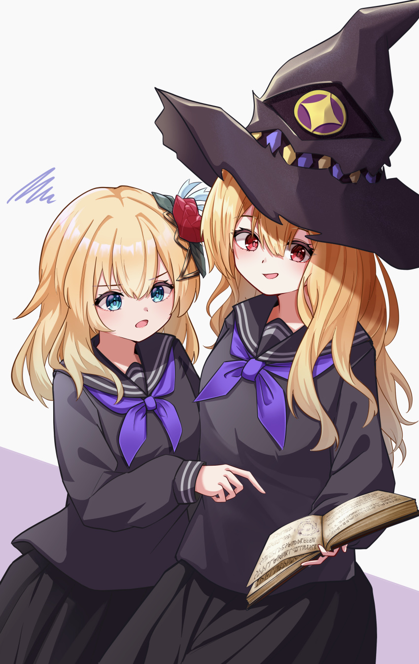 2girls, absurdres, black_shirt, black_skirt, blonde_hair, blue_eyes, blush, book