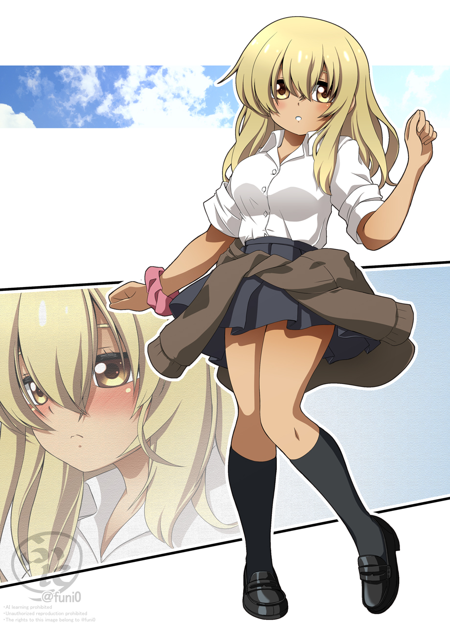 1girl, artist_logo, artist_name, black_footwear, black_skirt, black_socks, blonde_hair, blush