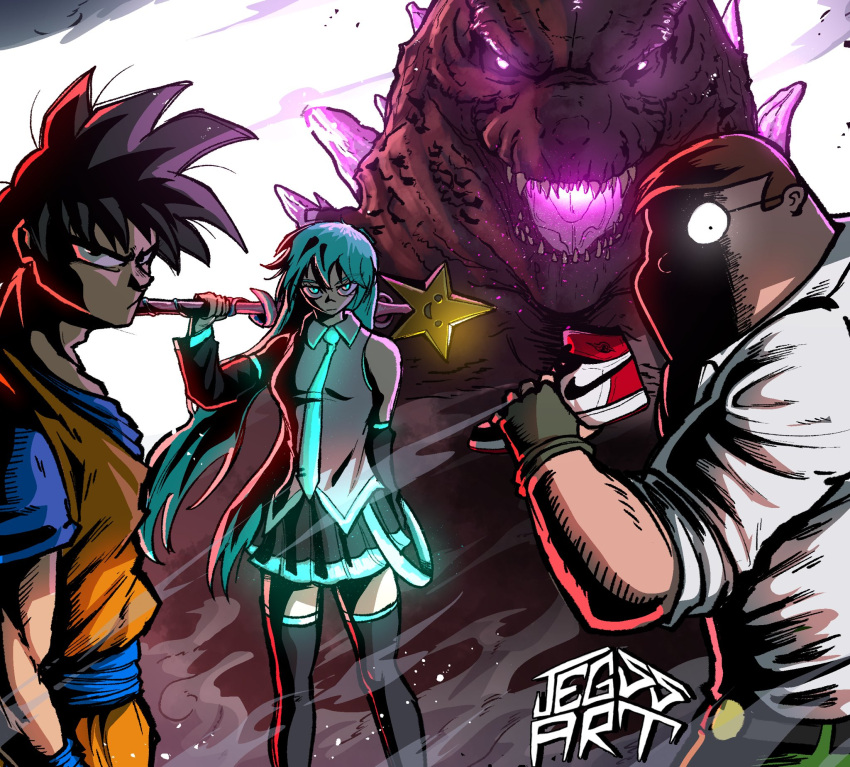 1girl, 2boys, aqua_eyes, aqua_hair, aqua_necktie, artist_name, black_gloves, black_hair, black_skirt, black_sleeves, black_thighhighs, blue_shirt, brown_hair, crossover, detached_sleeves, dragon_ball, dragon_ball_z, family_guy, fingerless_gloves, fortnite, glasses, gloves, godzilla, godzilla_(series), grey_shirt, hatsune_miku, highres, jegssart, jumpsuit, kaiju, long_hair, looking_at_viewer, monster, multiple_boys, multiple_crossover, muscular, muscular_male, necktie, nike_(company), orange_jumpsuit, peter_griffin, round_eyewear, sharp_teeth, shirt, shoes, short_hair, skirt, sneakers, son_goku, spiky_hair, teeth, thigh-highs, very_short_hair, vocaloid, white_shirt