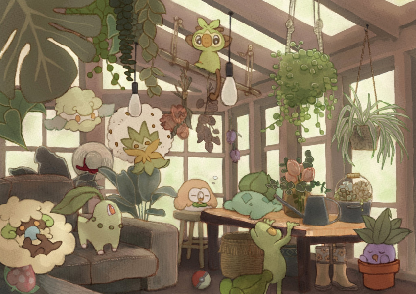 amano_sizuku, basket, boots, bucket, bulbasaur, ceiling_light, chikorita, commentary