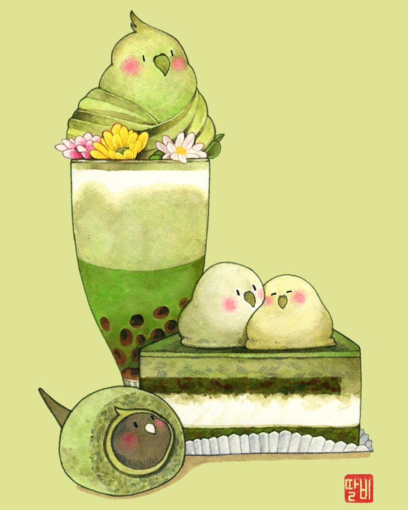 animal-themed_food, artist_name, beak, bird, black_eyes, blush, bubble_tea, cake, cake_slice, closed_eyes, commentary_request, daisy, flower, food, food_focus, food_wrapper, glass, green_background, green_theme, korean_commentary, leaf, matcha_(food), no_humans, original, parrot, pink_flower, shadow, simple_background, solid_oval_eyes, talbi, watermark, white_flower, yellow_flower