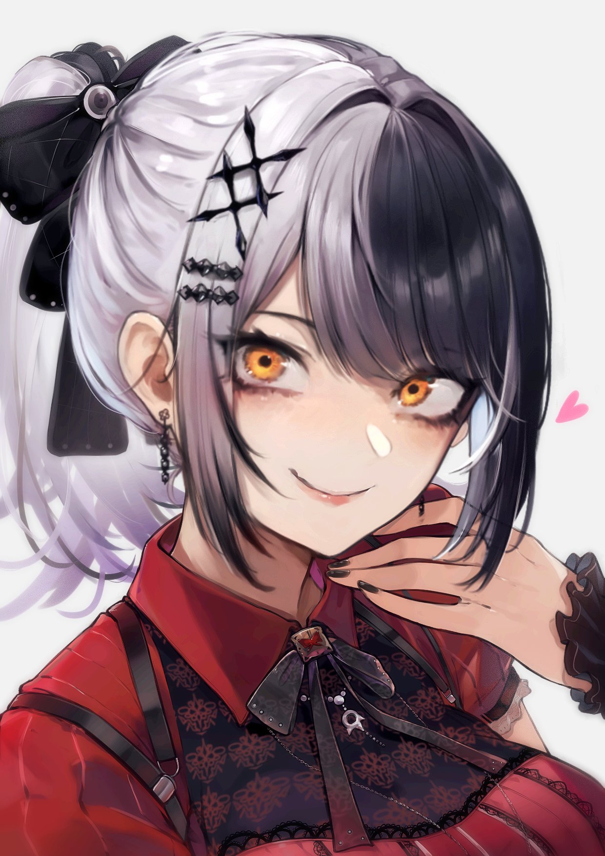 1girl, bang_telex, black_hair, black_nails, black_ribbon, closed_mouth, dress, earrings, english_commentary, grey_hair, hair_ornament, hair_ribbon, hand_up, high_ponytail, highres, hololive, hololive_english, jewelry, looking_at_viewer, multicolored_hair, necklace, red_dress, ribbon, shiori_novella, shiori_novella_(3rd_costume), simple_background, smile, solo, split-color_hair, two-tone_hair, white_background, yellow_eyes