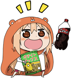 1girl, :d, animal_costume, bad_source, bag_of_chips, blonde_hair, blush, bottle