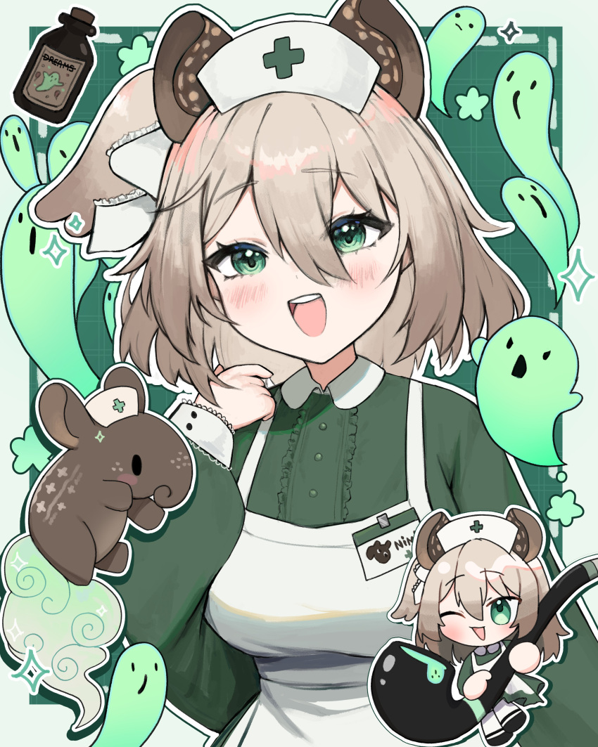 1girl, absurdres, animal, animal_ears, apron, blush_stickers, breasts, chibi