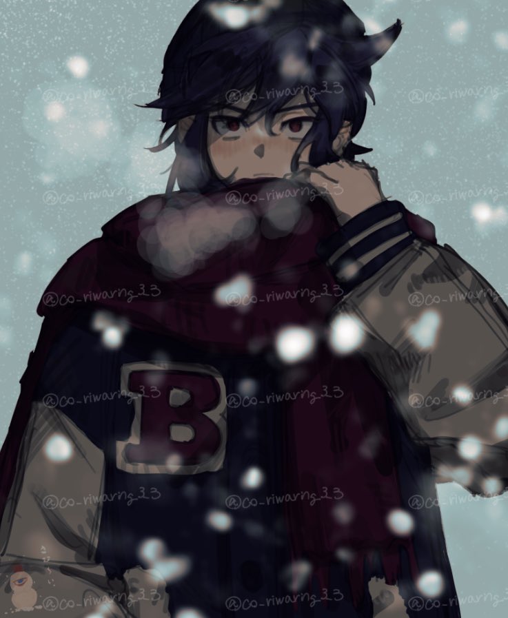 1boy, alternate_costume, black_hair, blush, casual, closed_mouth, contemporary, crazy_smile, dark_pit, empty_eyes, hair_between_eyes, jacket, kid_icarus, kid_icarus_uprising, ko_iwari_ngo, letterman_jacket, light_frown, looking_at_viewer, male_focus, nose_blush, puff_of_air, red_eyes, smile, solo, too_many_watermarks, twitter_username, upper_body, watermark, winter