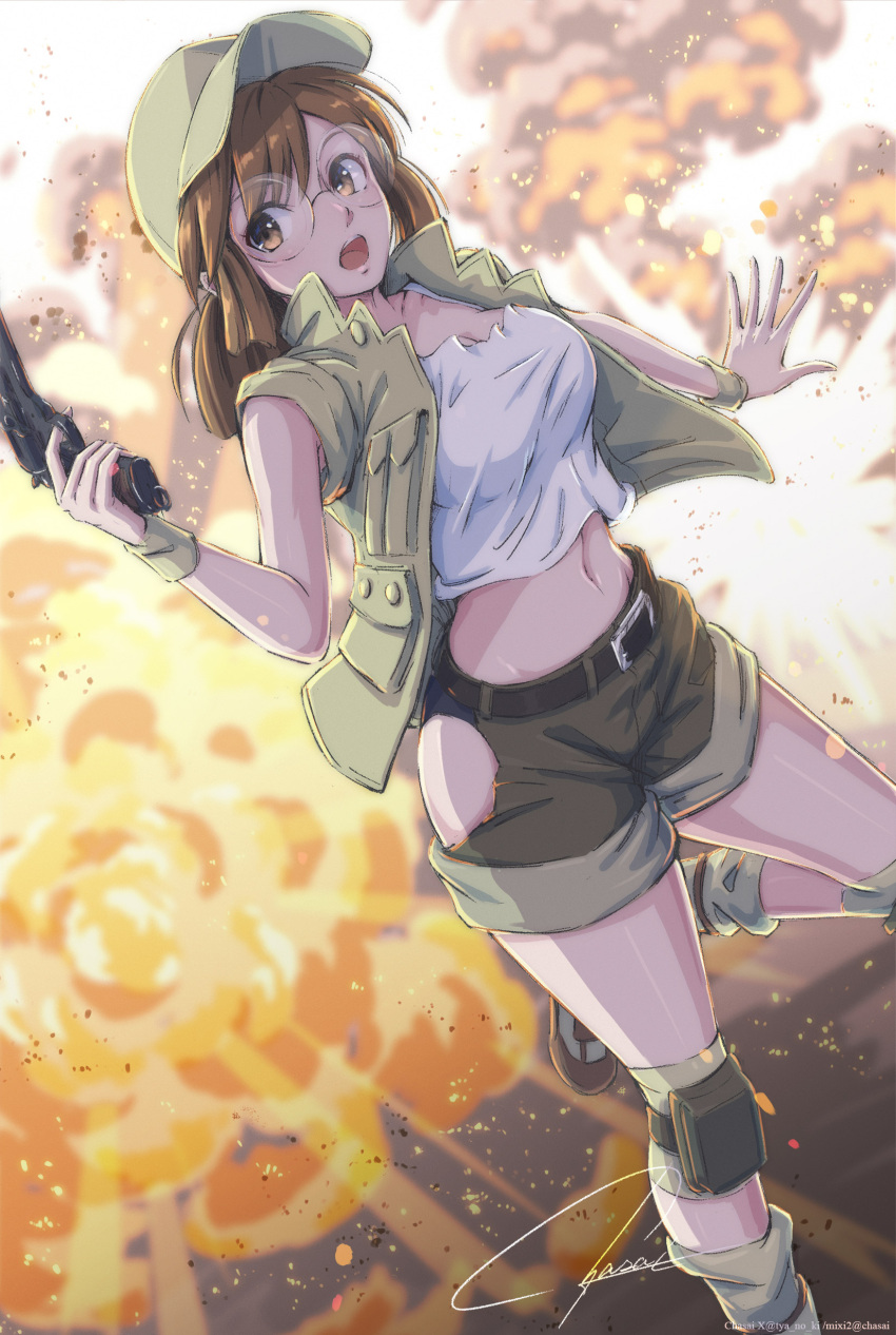 1girl, absurdres, baseball_cap, belt, breasts, brown_eyes, brown_hair, crop_top, explosion, fio_germi, fire, glasses, gun, handgun, hat, highres, hip_vent, holding, holding_gun, holding_weapon, knee_pads, metal_slug, midriff, navel, open_clothes, open_mouth, open_vest, round_eyewear, short_shorts, shorts, signature, solo, tyanoki, utility_vest, vest, weapon, wristband