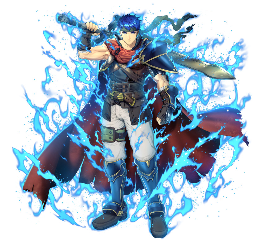 1boy, absurdres, aura, blue_eyes, blue_hair, brown_gloves, cape, clenched_hand, commentary_request, fingerless_gloves, fire_emblem, fire_emblem:_radiant_dawn, fire_emblem_engage, fire_emblem_heroes, full_body, gloves, greatsword, headband, highres, holding, holding_sword, holding_weapon, ike_(emblem)_(fire_emblem), ike_(fire_emblem), looking_at_viewer, male_focus, muscular, muscular_male, official_art, okuma_yuugo, ragnell, red_cape, short_hair, simple_background, single_shoulder_pad, solo, sword, sword_behind_back, weapon, white_background