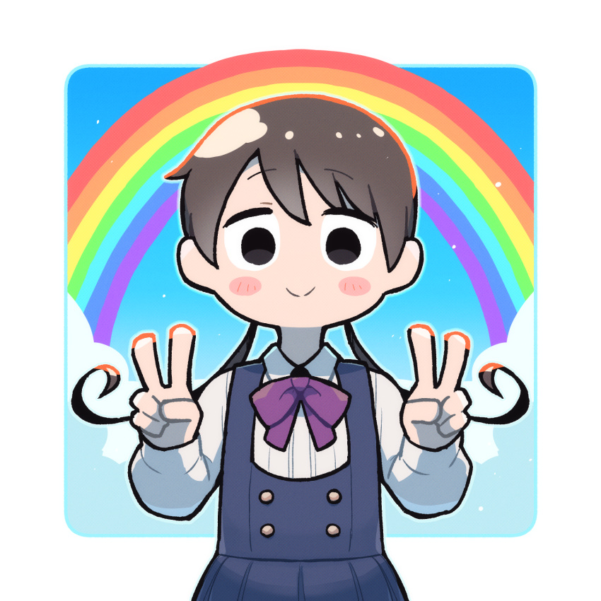 1girl, black_eyes, blush_stickers, border, bow, bowtie, brown_hair, closed_mouth