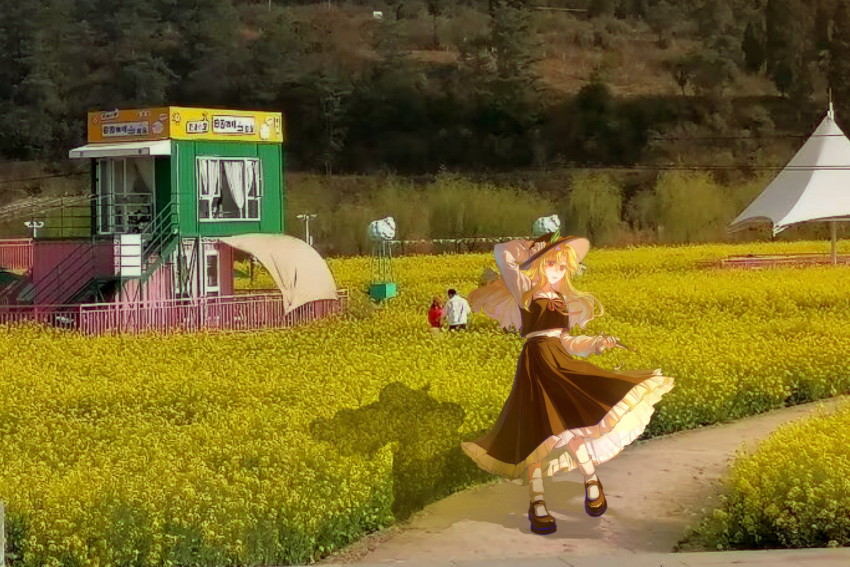 blonde_hair, brown_footwear, brown_hat, brown_skirt, brown_vest, commentary_request, dolls_in_pseudo_paradise, fedora, frilled_skirt, frills, full_body, hat, highres, jacket_girl_(dipp), long_hair, long_sleeves, mary_janes, outdoors, red_eyes, shirt, shoes, skirt, socks, touhou, vest, white_shirt, white_socks, xixingsiyuyuko