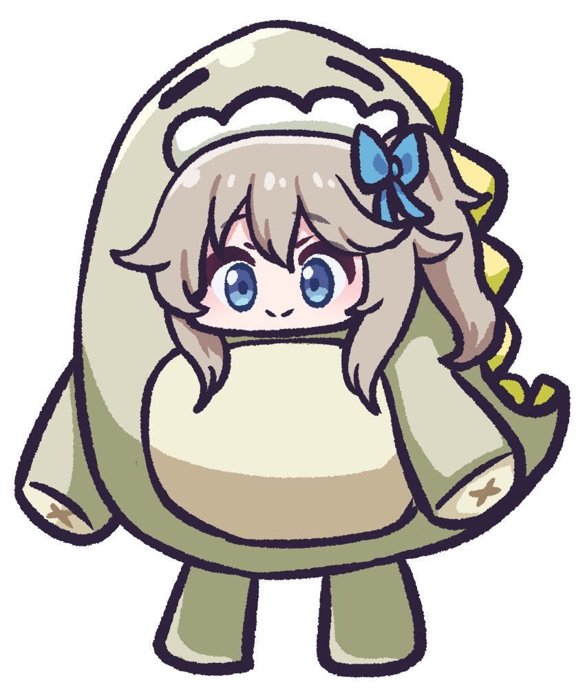 1girl, absurdres, animal_costume, blonde_hair, blue_bow, blue_eyes, bow, chibi, girls'_frontline_2:_exilium, girls_frontline, hair_bow, highres, mr._pizza_(girls'_frontline_2), panatisia, side_ponytail, simple_background, smile, solo, standing, vepley_(girls'_frontline_2), white_background