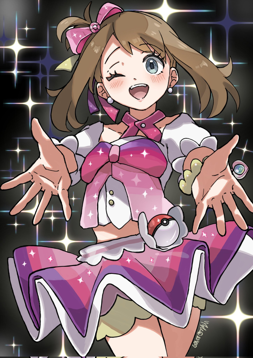 1girl, ;d, blush, bow, brown_hair, corrupted_twitter_file, cowboy_shot, earrings, eyelashes, grey_eyes, hair_bow, highres, idol, jewelry, may_(contest)_(pokemon), may_(pokemon), midriff, o_o307, one_eye_closed, open_mouth, pink_bow, pink_skirt, poke_ball, poke_ball_(basic), pokemon, pokemon_oras, shirt, short_hair, shorts, shorts_under_skirt, showgirl_skirt, skirt, smile, solo, teeth, upper_teeth_only, waist_poke_ball, white_shirt